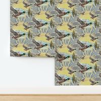 Painterly Flying Duck in Golden Sun with Muted Blue Earthy Tone Background, Nostalgic Ducks Bird Watching, Flying Birds, Migrating Birds, Mallard Ducks, Migration Scene, Lakeside Living, Emerald Green Cottagecore, Flying Birds, Lakeside Flying Bird Sunset