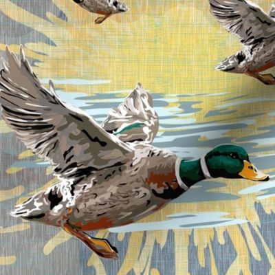 Painterly Flying Duck in Golden Sun with Muted Blue Earthy Tone Background, Nostalgic Ducks Bird Watching