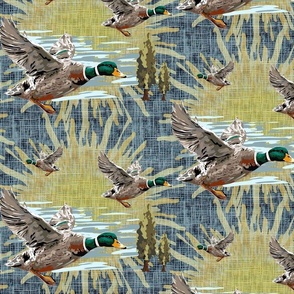Vintage Birds Design, Flying Ducks Deep Navy Blue Sky, Blue Woven Linen Background, Retro Cabin Core
