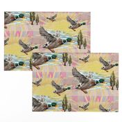 Flying Wild Birds, Bright Summer Yellow Sun with Rose Pink Gingham Plaid Background Design, Woodland Cabin Core Vibe