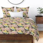 Flying Wild Birds, Bright Summer Yellow Sun with Rose Pink Gingham Plaid Background Design, Woodland Cabin Core Vibe