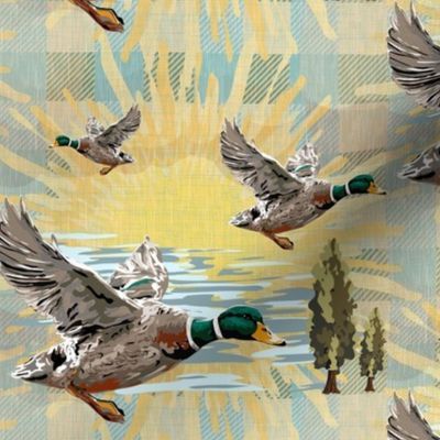 Muted Green Plaid Flying Ducks | Light Green Gingham Duck Design | Flock of Ducks in a Saffron Sunrise Check (Large Scale)