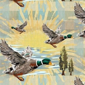 Muted Green Plaid Flying Ducks | Light Green Gingham Duck Design | Flock of Ducks in a Saffron Sunrise Check (Large Scale)