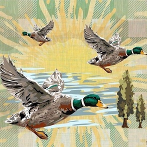 Vintage Lake Life Flying Ducks Yellow Sunrise with Sage and Beige Plaid / Green and Cream Gingham Background Retro Cabincore Design (Large Scale)