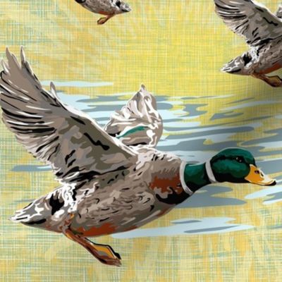 Painterly Flying Ducks, Green Linen Texture Background, Wild Birds, Sunshine Trees, Lake Life Cozy Cabin Pattern, Flock of Ducks, Scenic Bird Flight, Summer Sunshine, Yellow Sun, Happy Country Cottage Wildlife Scene, Nature Lover, Cozy Cabin Migration Bir