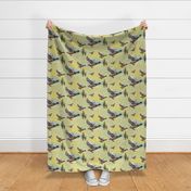 Painterly Flying Ducks, Green Linen Texture Background, Wild Birds, Sunshine Trees, Lake Life Cozy Cabin Pattern, Flock of Ducks, Scenic Bird Flight, Summer Sunshine, Yellow Sun, Happy Country Cottage Wildlife Scene, Nature Lover, Cozy Cabin Migration Bir