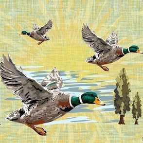 Painterly Flying Ducks, Green Linen Texture Background, Wild Birds, Sunshine Trees, Lake Life Cozy Cabin Pattern, Flock of Ducks