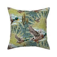 Blue Green Linen Duck Design, Flock of Wild Flying Ducks / Birds Teal Linen Background Texture Sage Forest Trees Sunrise