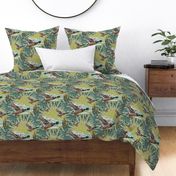 Blue Green Linen Duck Design, Flock of Wild Flying Ducks / Birds Teal Linen Background Texture Sage Forest Trees Sunrise