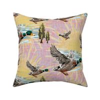 Pink Sunset, Flying Ducks, Woven Pink Yellow Linen Textured Background, Wild Birds at Sundown, Sage Woodland, Perfect Cottage Decor Woven Linen, Riverside Decor, Forest Haven, Duck Refuge, Nature Bird Flight, Nature Scene, Wetland Habitat, Wildlife Bird H