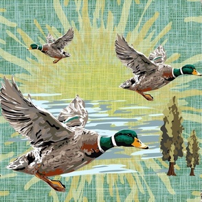 Flying Bird Pattern on Blue Green Woven Linen Background | Wild Ducks by Yellow Sun | Sage Forest Cozy Cabin Radiant Sunrise Vibe
