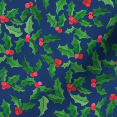 Christmas Fabric Holly Leaves and Berries Blue