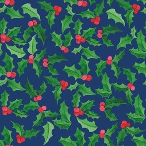 Christmas Fabric Holly Leaves and Berries Blue
