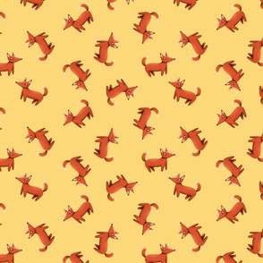 Whimsy Red Fox Cartoon Dancing on Lemon Yellow, Non directional Tossed Woodland Animal