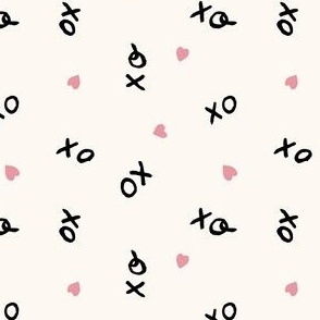 (S) Valentines hugs and kisses, XO XO, black writing and pink hearts on cream, small scale
