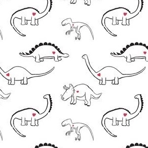 Valentines loveable dinosaurs, black on white with red hearts, directional