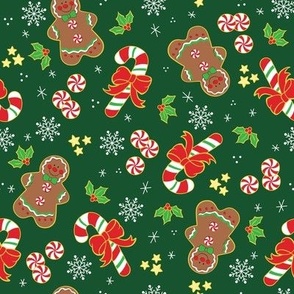Gingerbread Men and Candy Canes on Green