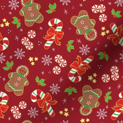 Gingerbread Men and Candy Canes on Red Background