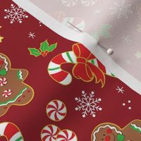 Gingerbread Men and Candy Canes on Red Background