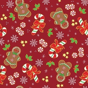 Gingerbread Men and Candy Canes on Red Background