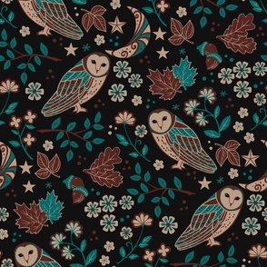Barn Owls in Teal and Black 12" repeat
