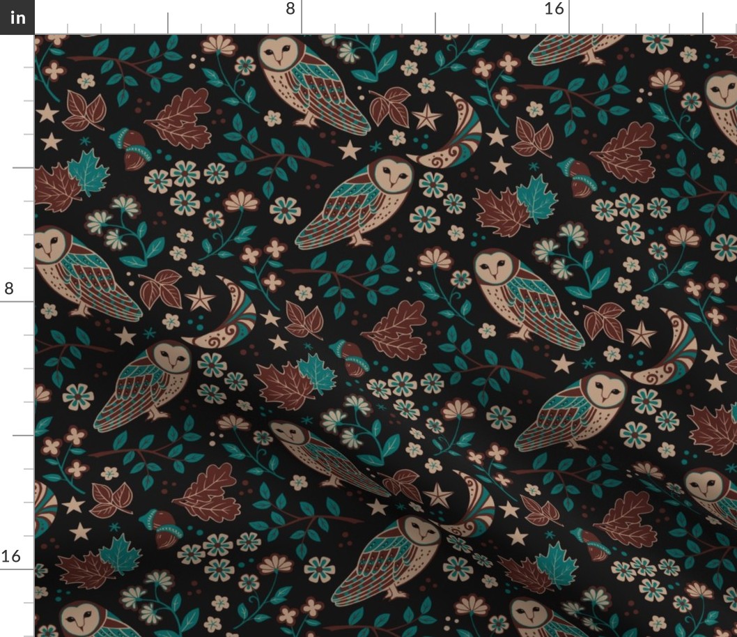Barn Owls in Teal and Black 12" repeat