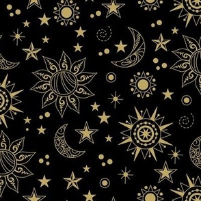 Golden Suns, Moons and Stars on Black
