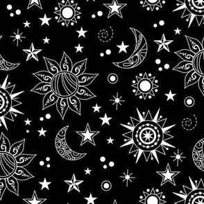 White Suns, Moons and Stars on Black