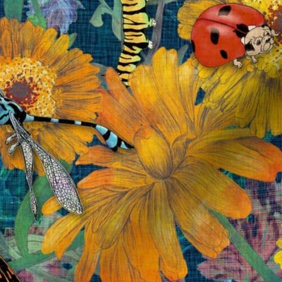 Surrealistic calendula flowers with insect dogs