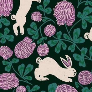 Cream colored bunnies and rabbits with purple clover flowers and leaves 24x24