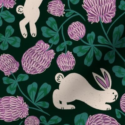 Cream colored bunnies and rabbits with purple clover flowers and leaves 6x6