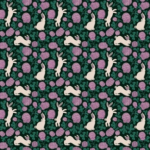 Cream colored bunnies and rabbits with purple clover flowers and leaves 6x6