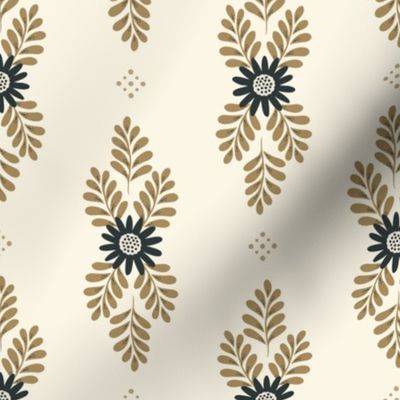 Flowers and Fronds - cream, gold and black Med.