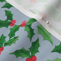 Christmas Fabric Holly Leaves and Berries Light Blue