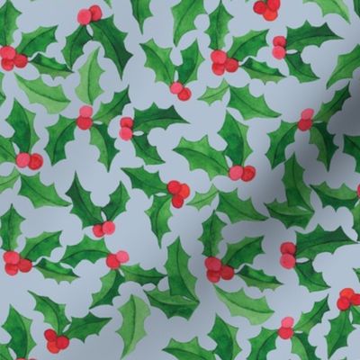 Christmas Fabric Holly Leaves and Berries Light Blue