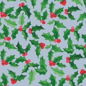 Christmas Fabric Holly Leaves and Berries Light Blue