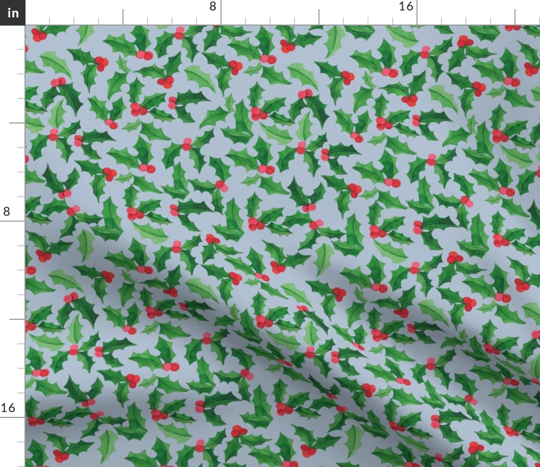 Christmas Fabric Holly Leaves and Berries Light Blue