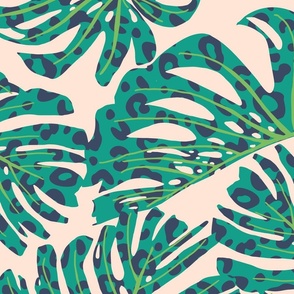 Cheetah Print Hand Drawn Surreal Monstera Plant - (LARGE) - green leaves blue dots cream bg