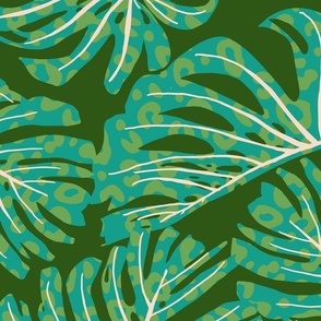 Cheetah Print Hand Drawn Surreal Monstera Plant - (LARGE) - teal leaves lime dots green bg