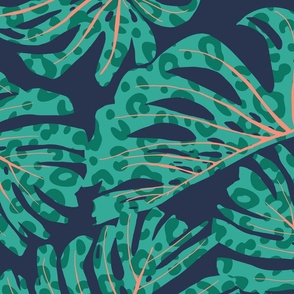 Cheetah Print Hand Drawn Surreal Monstera Plant - (LARGE) - teal leaves green dots blue gg