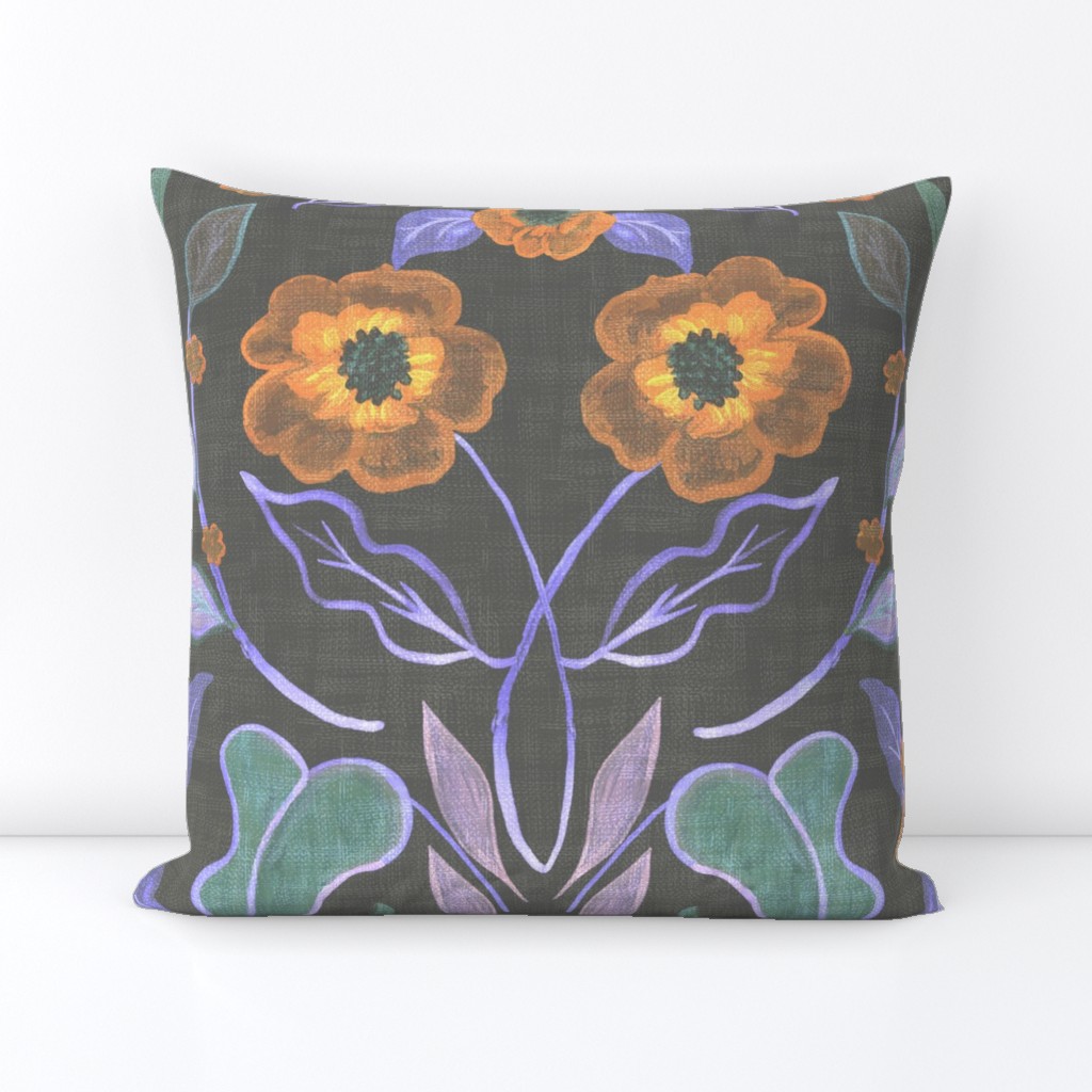 Large, dark floral - charcoal black - dark aesthetic - orange flowers