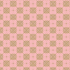  seamless pattern design featuring a minimalistic Solomon's knot motif connected by a dotted trellis. The designs are simple, spaced out, and use a neutral color palette for an upscale vibe.