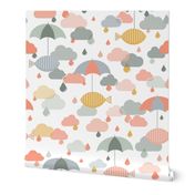 Flying Fish in the Rain - Animals - Surrealist - Surreal - Sky - Kids - Raindrops - Pink - Peach - Muted Colors - Rain - Clouds - Umbrellas - Storm