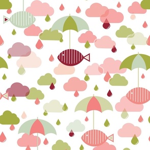 Flying Fish in the Rain - Green and Pink - Animals - Surrealist - Surreal - Sky - Kids - Raindrops - Rain - Clouds - Umbrellas - Storm