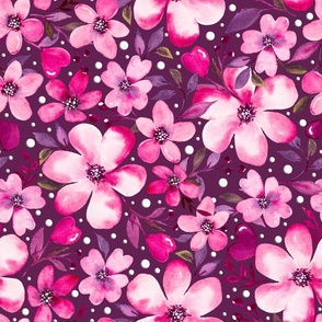 Flor Amor-Valentine Hearts and Flowers, Watercolor Floral on deep violet