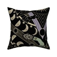 Celestial night sky ogee with hands, moon phases and stars - warm muted tones on black - jumbo