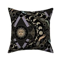 Celestial night sky ogee with hands, moon phases and stars - warm muted tones on black - large