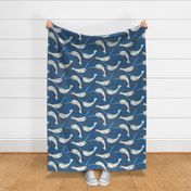 narwhals playing ring toss on a blue background - Large Scale - 24x24 inch repeat