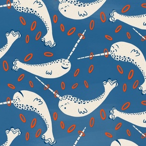 narwhals playing ring toss on a blue background - Large Scale - 24x24 inch repeat