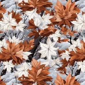 Winter Leaves and Snow in Caramel and White